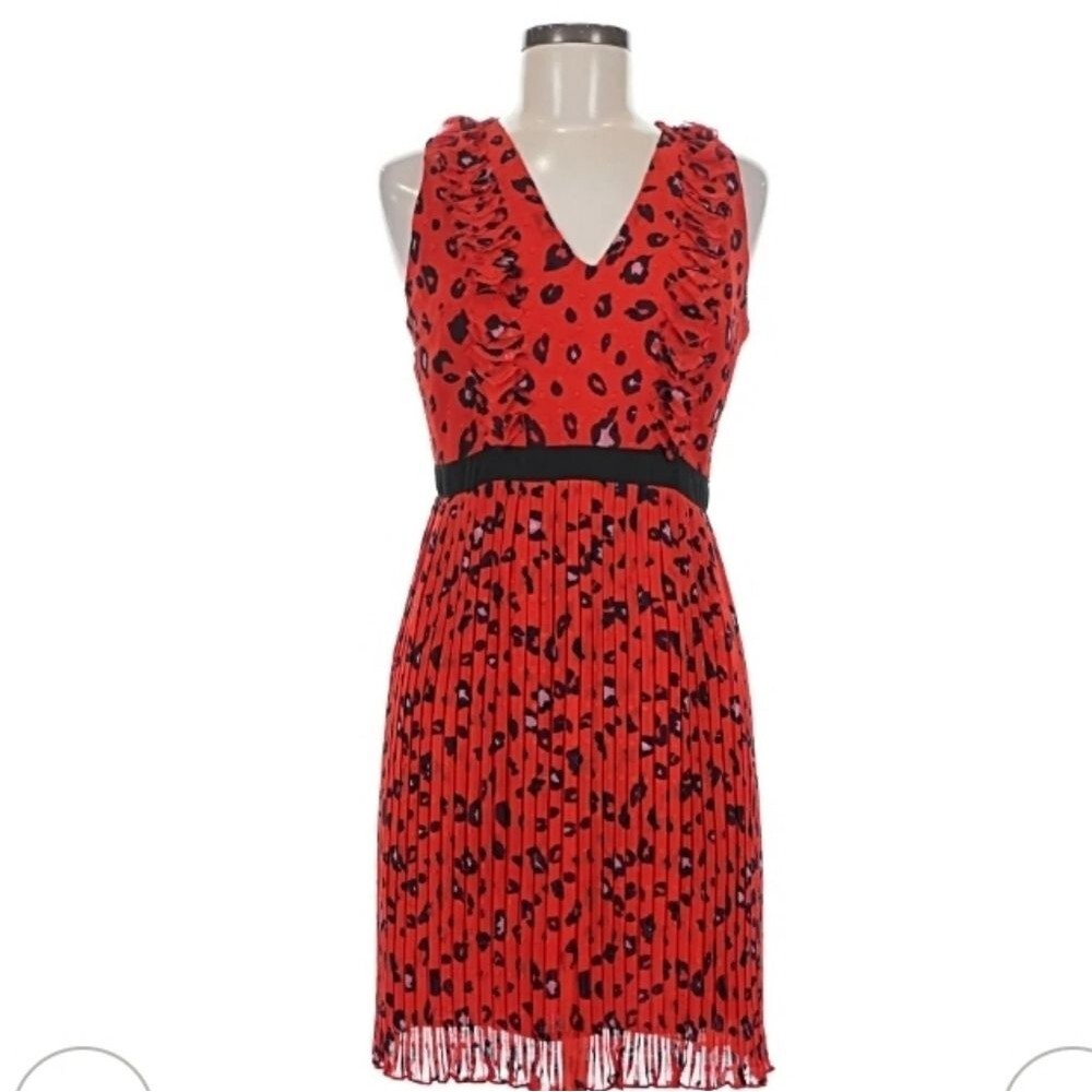 Foxiedox Dress Med Red Black Ruffle Pleats Leopard Print Cocktail Dress